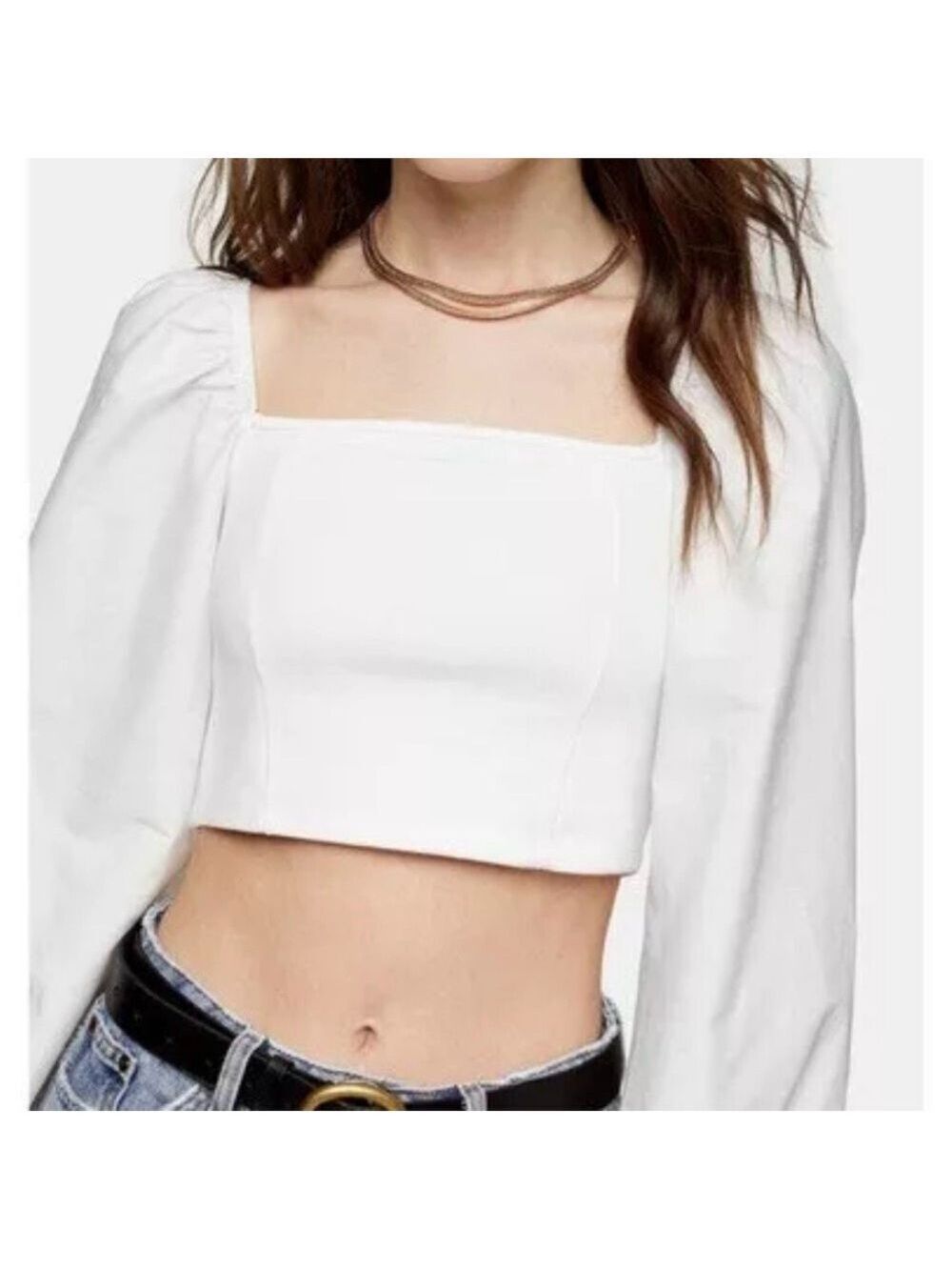TOPSHOP Off-White Balloon Statement Sleeve Poplin Square Neck Crop Top Size 6